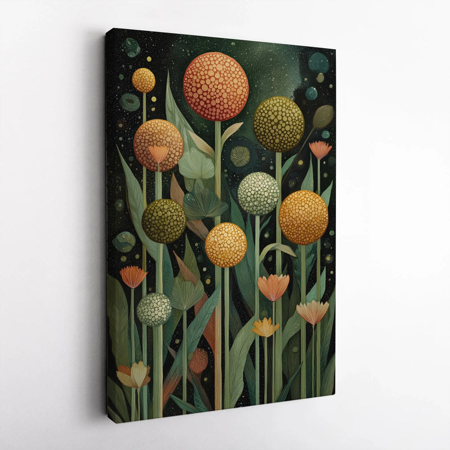 Modern Botanical Canvas Wall Art | Stylized Allium Flower Print with Textured Dots | Premium Frameless Canvas | Living Room & Office Decor Gift