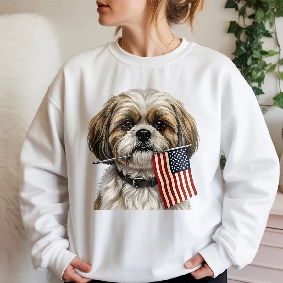 Patriotic Shih Tzu Sweatshirt | Dog with American Flag Graphic | Ultra-Soft Unisex Crewneck | 4th of July Gift for Dog Lover