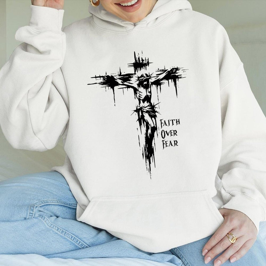 Faith Over Fear Hoodie | Distressed Jesus Cross Graphic | Premium Cotton Blend | Christian Religious Gift For Men And Women