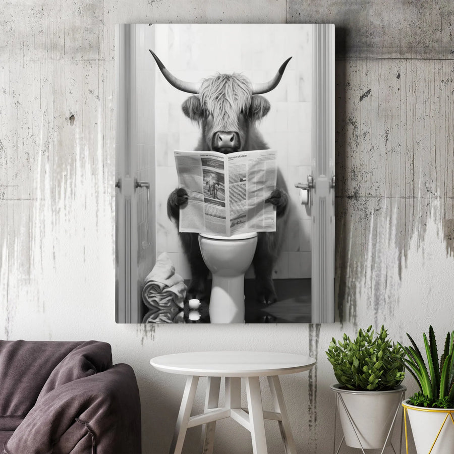 Highland Cow Bathroom Wall Art | Funny Toilet Newspaper Reading Canvas Print | Premium Gallery Wrap Decor | Quirky Farmhouse Home Gift
