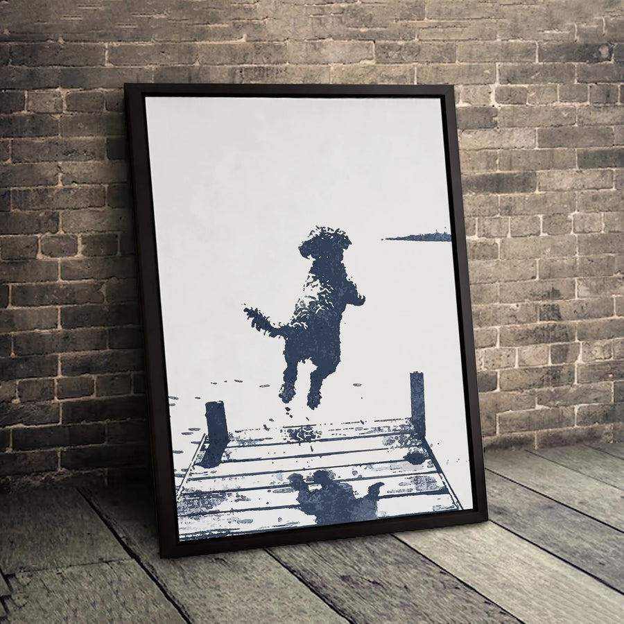 Dog Jumping Into Water Canvas Art | Minimalist Dock Illustration | 1.25-Inch Gallery Wrap | Premium Pet Home Decor Gift