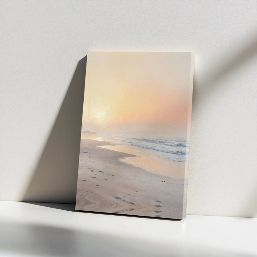 Serene Beach Canvas Wall Art | Misty Sunrise Ocean Scene | Premium Gallery-Wrapped Canvas | Coastal Home Decor Gift