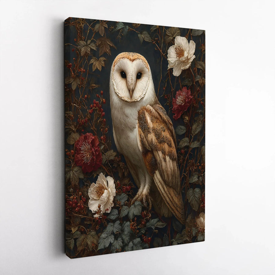 Barn Owl Canvas Wall Art | Moody Floral Botanical Illustration | Gallery-Quality Fade-Resistant Print | Elegant Nature Home Decor Gift