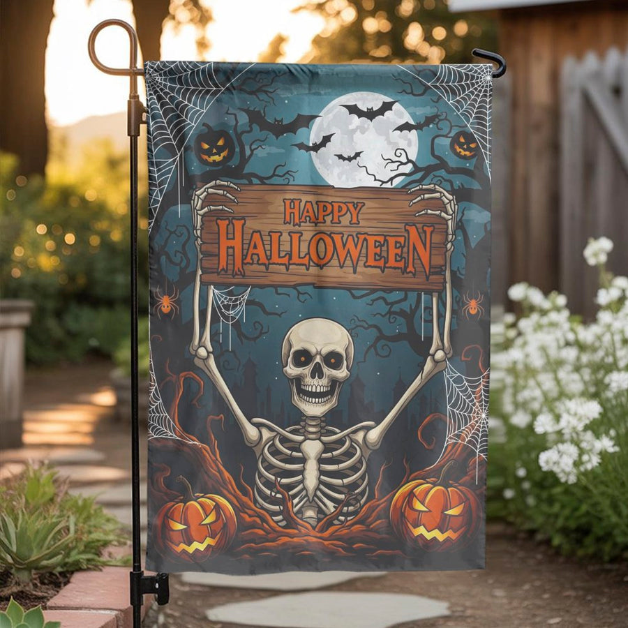 Happy Halloween Garden Flag | Spooky Skeleton Pumpkin Yard Decor | Premium Weather-Resistant Polyester | Festive Outdoor Holiday Yard Art