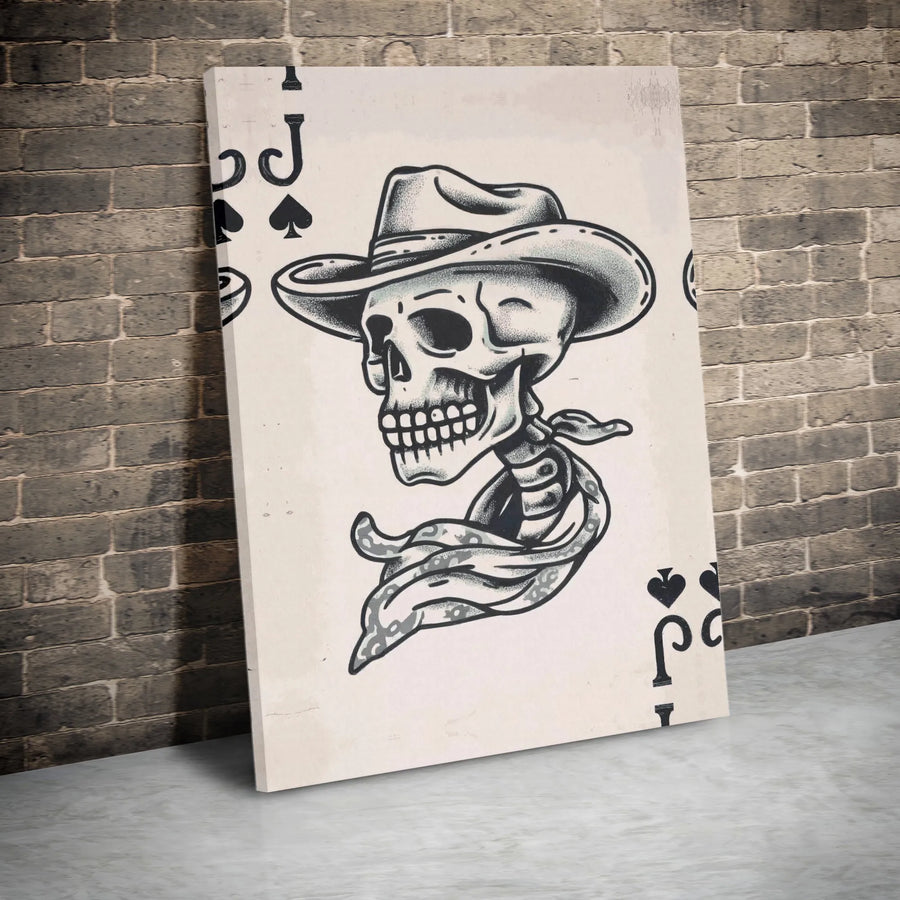 Jack Of Spades Skeleton Cowboy Canvas | Western Playing Card Tattoo Art | 1.25” Gallery Wrap | Premium Home Decor Wall Print
