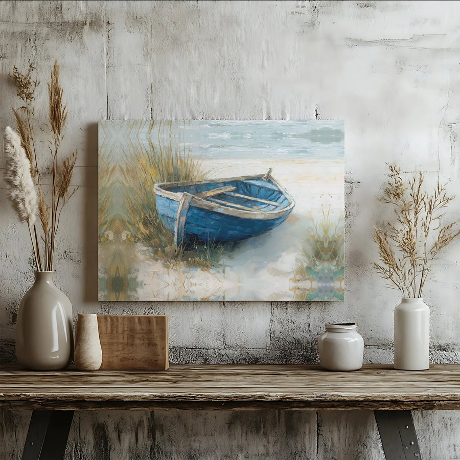 Blue Rowboat Coastal Canvas Art | Sandy Beach Nautical Painting | 1.25-Inch Gallery Wrap | Premium Beach House Wall Decor Gift