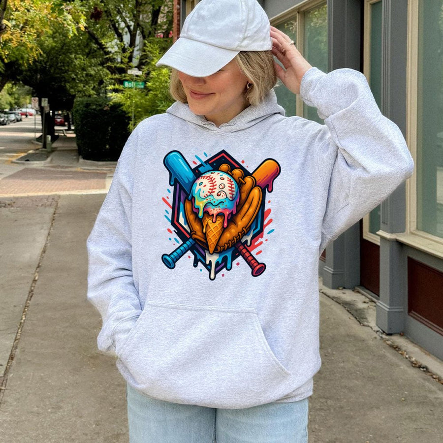 Baseball Drip Hoodie | Melting Ice Cream Baseball Glove Design | Premium Cotton-Poly Blend | Sporty Gift for Baseball Players and Fans