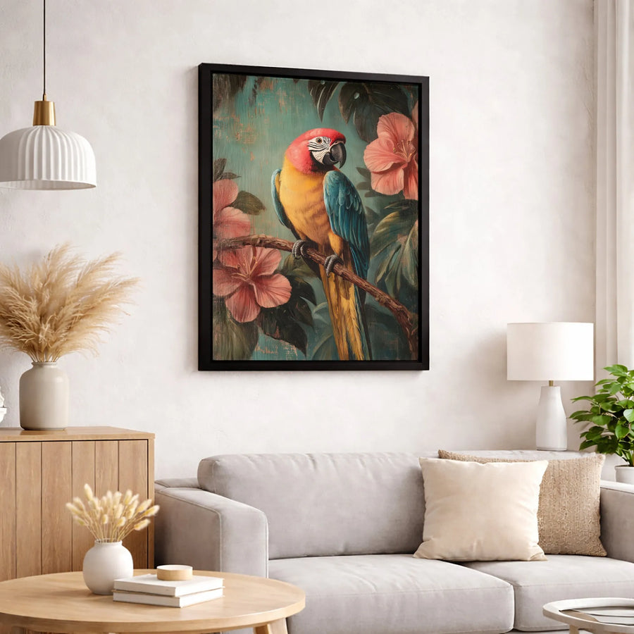 Tropical Scarlet Macaw Canvas Wall Art | Vintage Parrot with Hibiscus Flowers | Premium Gallery-Wrapped Decor | Exotic Bird Nature Gift for Home