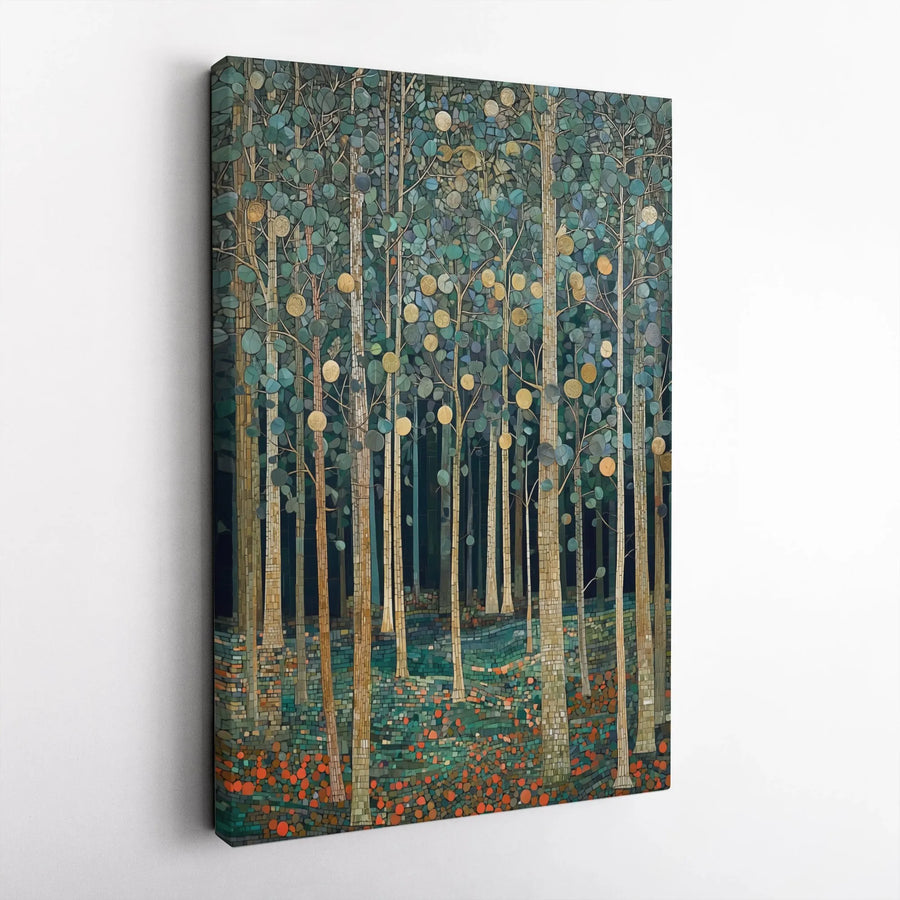 Forest Mosaic Wall Art | Art Nouveau Golden Tree Canvas | Premium Gallery Wrap Decor | Nature-Inspired Home Office Wall Hanging