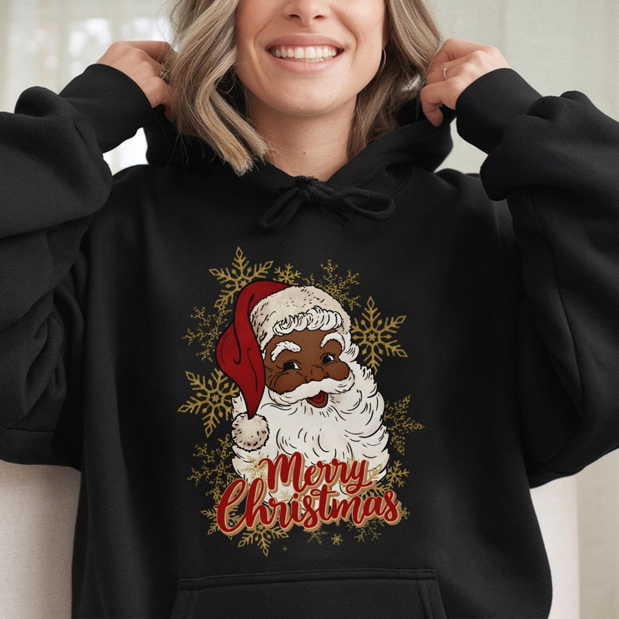 Black Santa Hoodie | African American Santa Claus Graphic | Premium Cotton Blend | Merry Christmas Holiday Gift for Him and Her