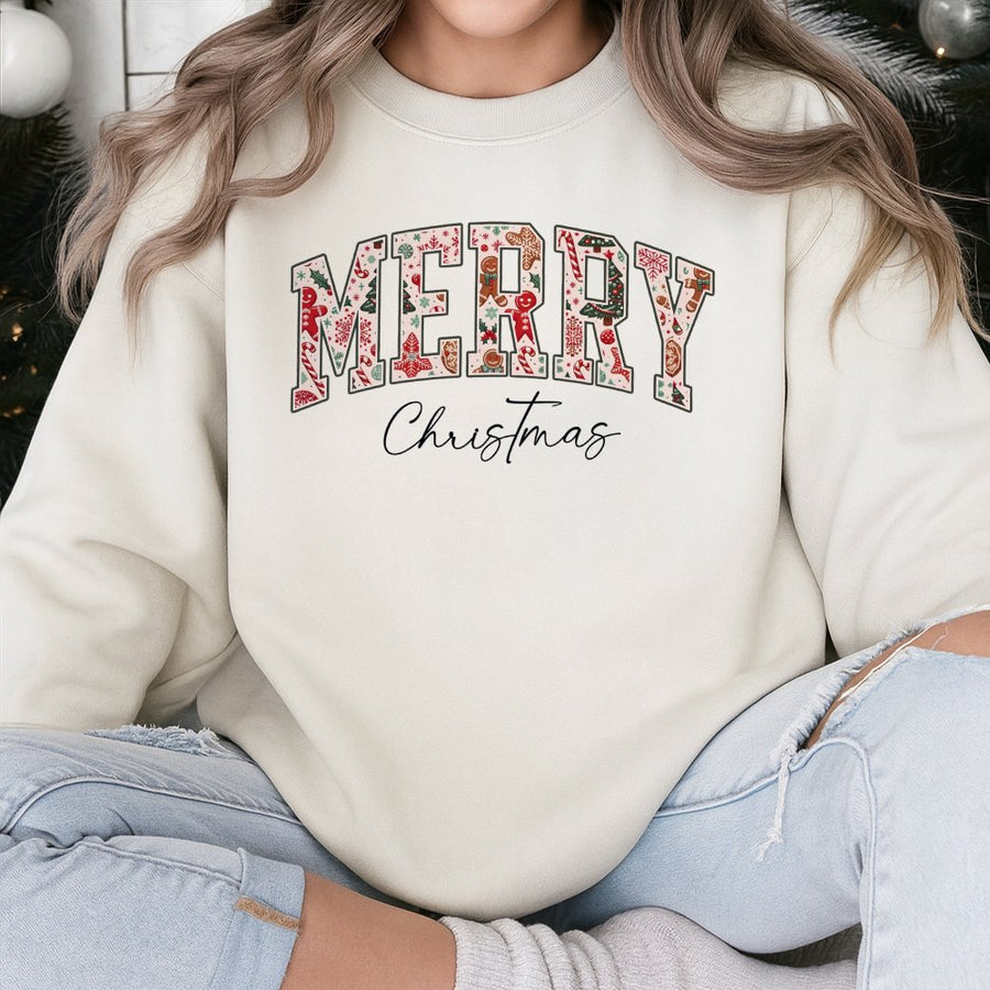 Merry Christmas Sweatshirt | Retro Holiday Pattern Lettering | Soft Cotton Blend Crewneck | Festive Matching Family Gift