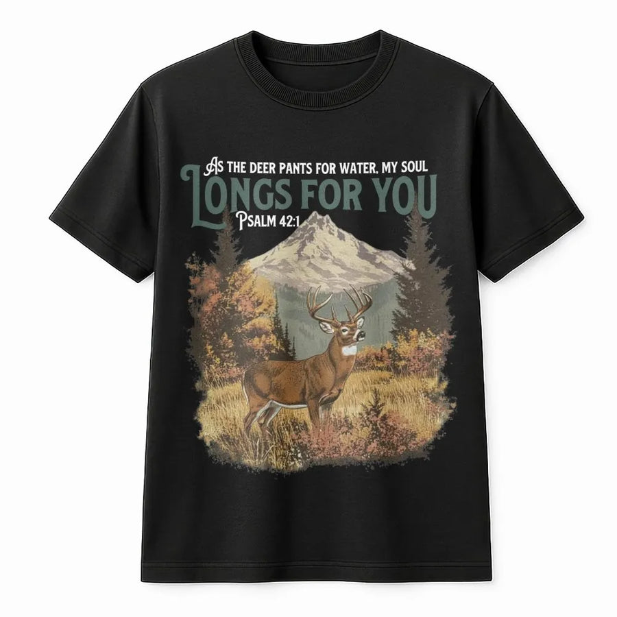 Psalm 42:1 Deer Hunting T-Shirt | Rustic Mountain Wildlife Graphic | Premium Soft Cotton | Christian Faith Gift for Outdoorsmen