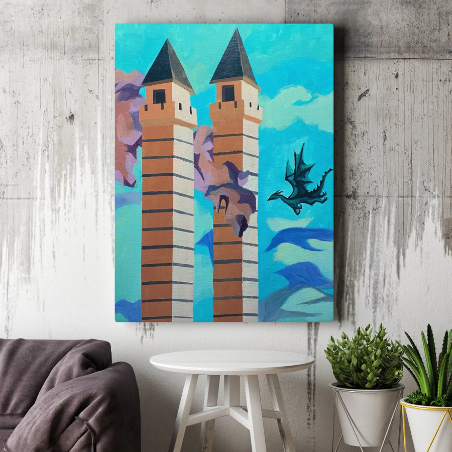 Fantasy Dragon Wall Art | Flying Creature Near Castle Towers | Premium Gallery Wrapped Canvas | Mythical Decor Gift for Fantasy Lovers
