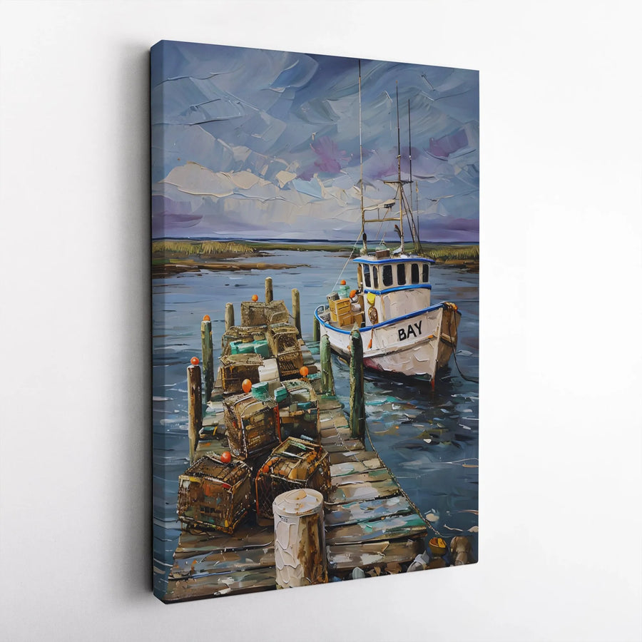 Fishing Boat Canvas Wall Art | Coastal Harbor Scene with Lobster Traps | Premium Gallery Wrap Canvas | Nautical Home Decor Gift for Fisherman