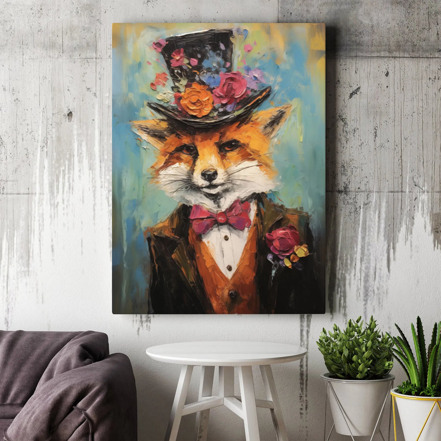 Dapper Fox Canvas Wall Art | Whimsical Animal Portrait in Floral Top Hat | Premium Gallery-Wrapped Print | Unique Home Decor Gift for Animal Lovers