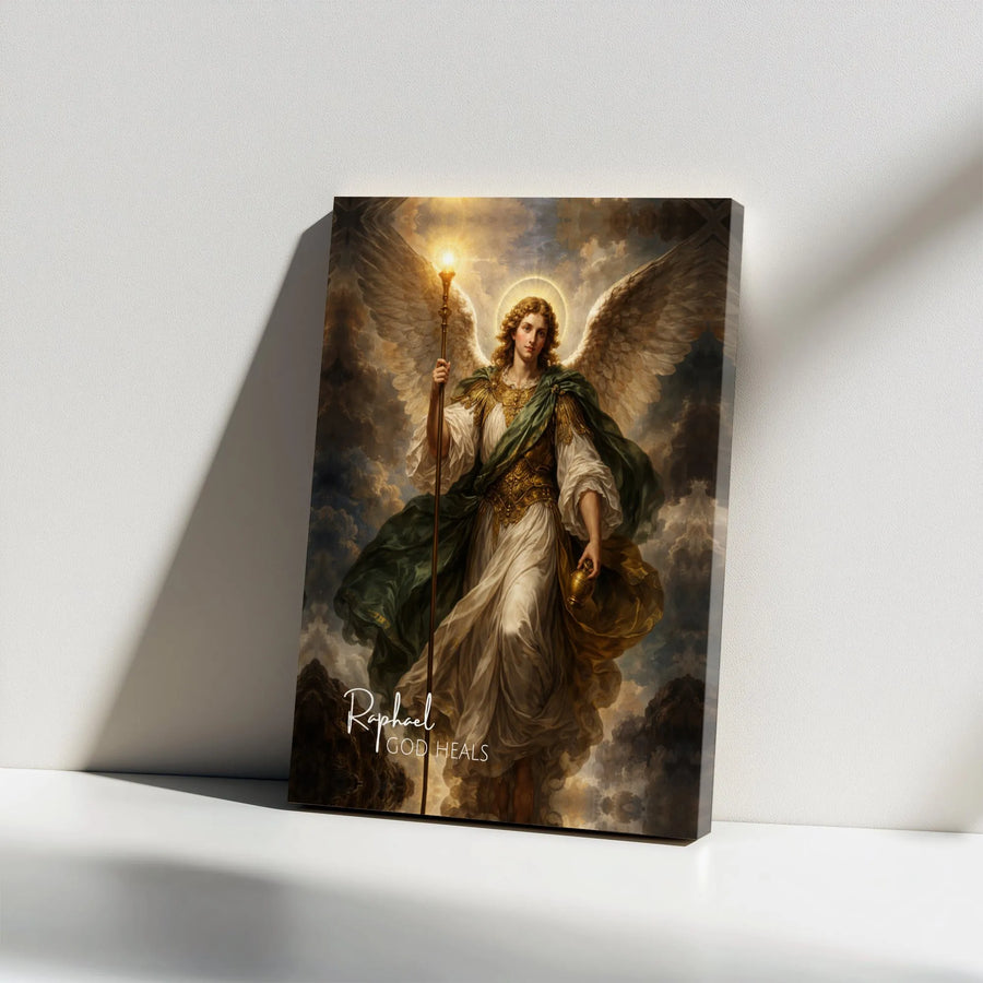 Archangel Raphael Vertical Canvas | Patron Saint of Healing Angel Art | Classical Oil Painting Style with God Heals Text | Premium 1.25 Inch Stretched Gallery Wrap | Christian Devotional Gift