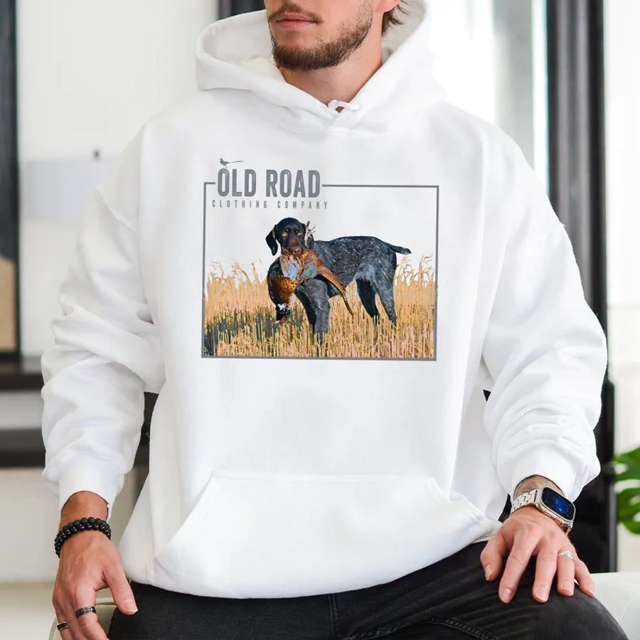 GSP Hunting Hoodie | German Shorthaired Pointer Pheasant Bird Dog Graphic | Premium Cotton Blend | Gift for Upland Hunter
