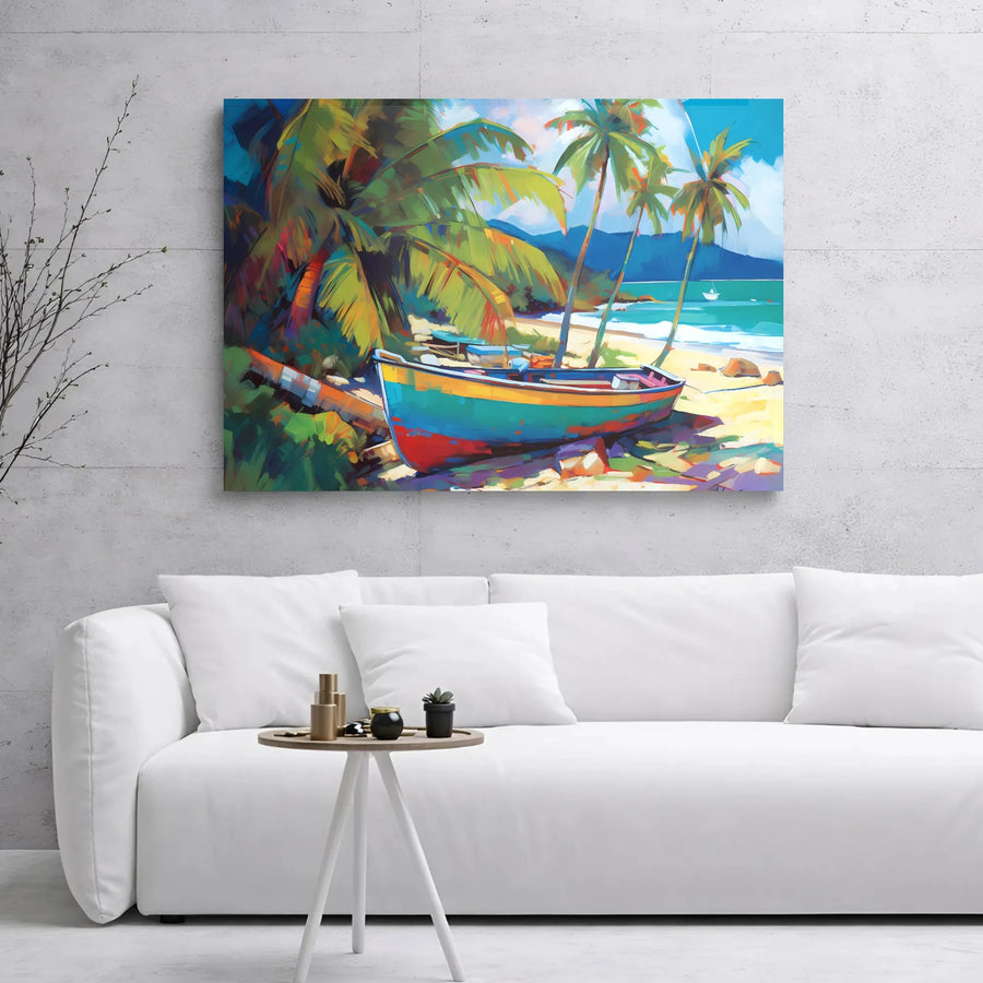 Tropical Beach Canvas Wall Art | Colorful Boat Under Palm Trees | 1.25 Inch Gallery Wrap | Coastal Living Room Decor Gift