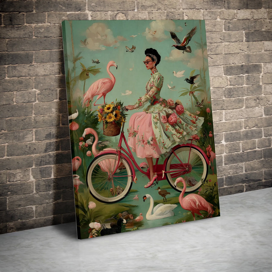 Vintage Black Woman Bicycle Vertical Canvas | Whimsical Flamingo Rider Art | Premium Gallery Wrapped Print | Afrocentric Home Decor Gift for Her