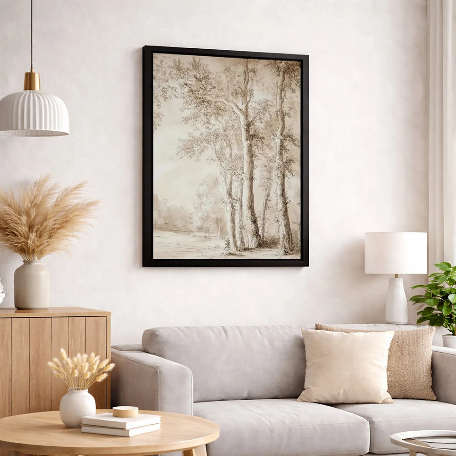 Vintage Tree Landscape Sketch Canvas | Neutral Forest Art Print | Premium 1.25" Thick Gallery Wrap | Sophisticated Home Decor Gift