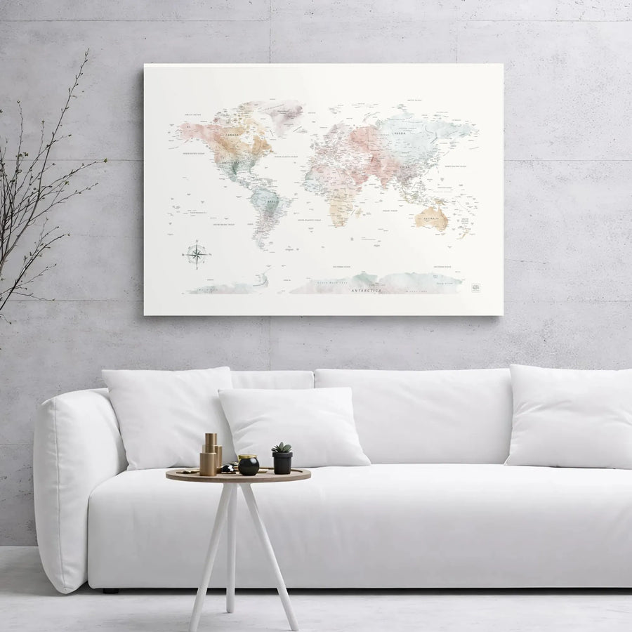 Watercolor World Map Canvas | Muted Tones Geographical Wall Art | Premium 1.25-Inch Gallery Wrap | Large Travel Decor for Modern Home or Office