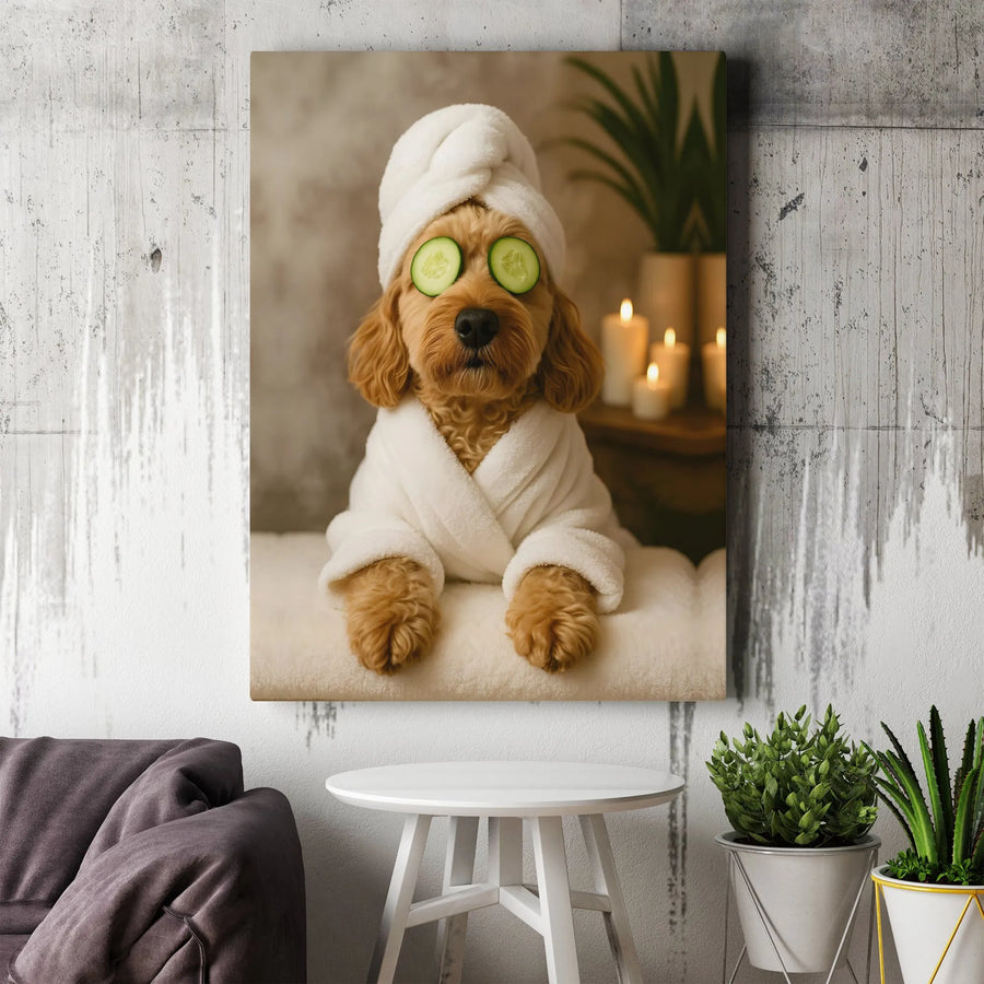 Funny Dog Spa Canvas Wall Art | Cockapoo in Bathrobe and Cucumber Slices | Gallery Wrap Premium Print | Whimsical Bathroom Home Decor Gift
