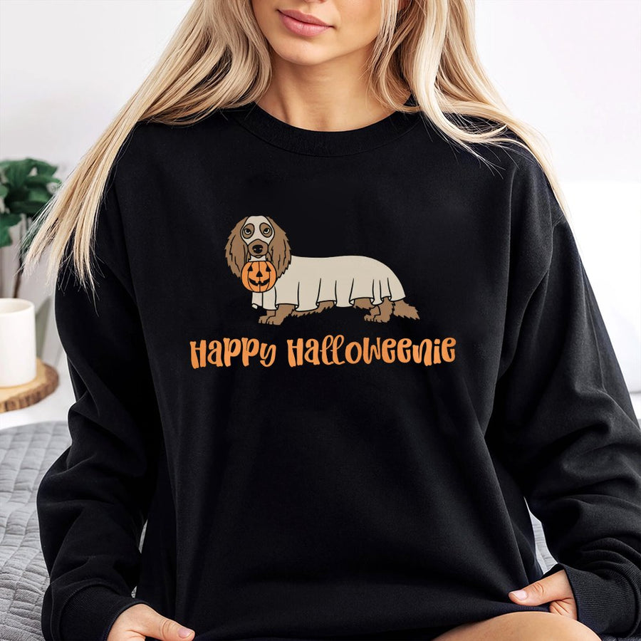 Dachshund Ghost Sweatshirt | Happy Halloweenie Graphic Design | Premium Cotton Blend | Funny Halloween Gift For Dog Mom & Dachshund Lovers