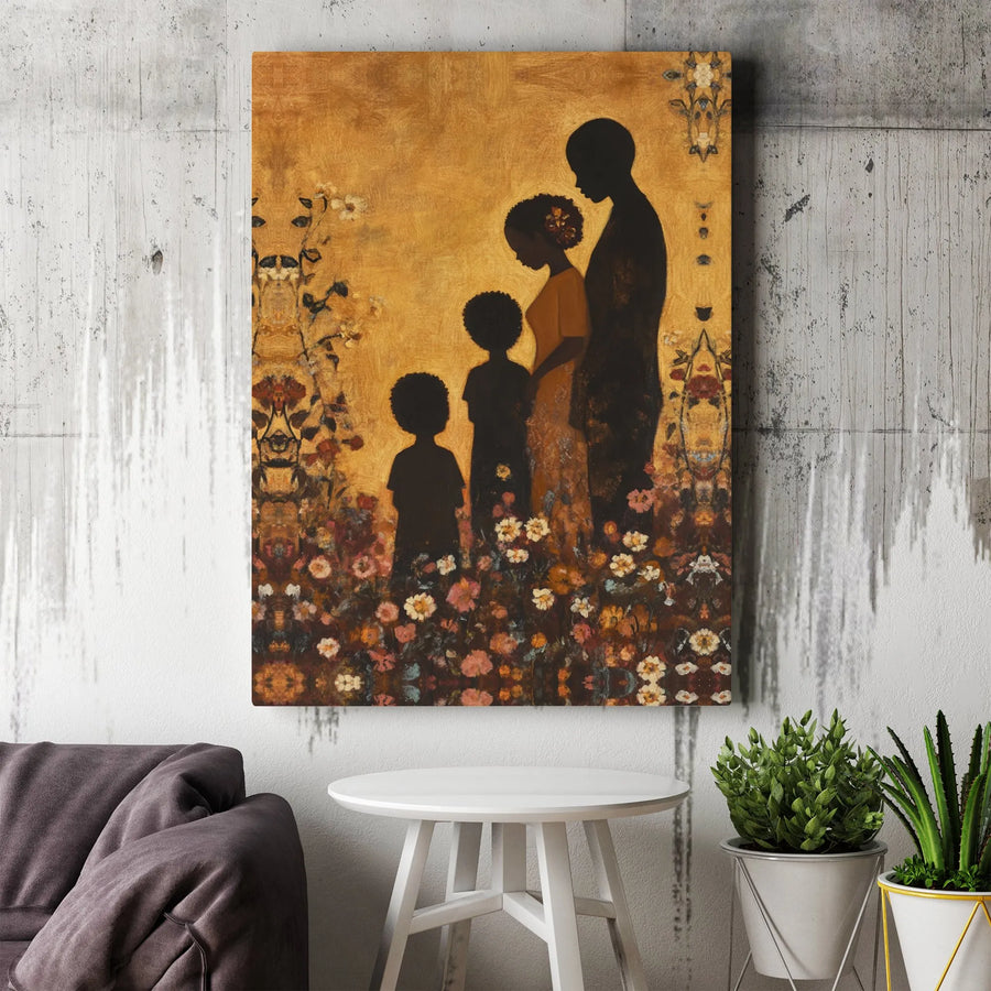 Black Family Art Canvas Print | Family Silhouette in Floral Garden | Premium Gallery Wrapped Canvas | Afrocentric Home Decor Gift