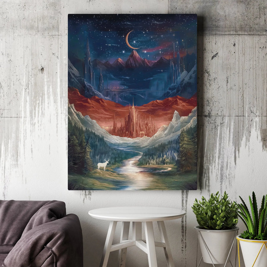 Fantasy Landscape Canvas Wall Art | Whimsical White Stag Forest Print | 1.25 Inch Premium Gallery Wrap | Enchanted Castle Decor for Fantasy Lovers