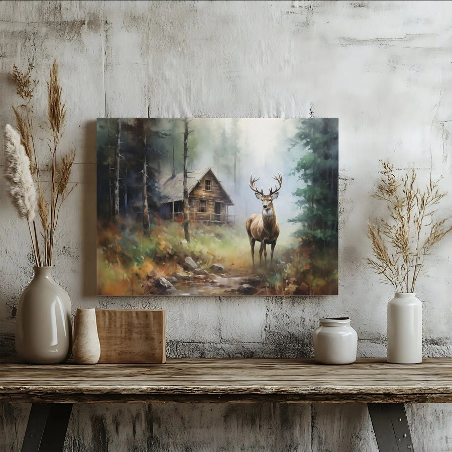 Stag in Misty Forest Canvas Wall Art | Rustic Log Cabin Landscape | Premium Gallery-Wrapped Print | Wildlife Nature Decor for Cabin Home