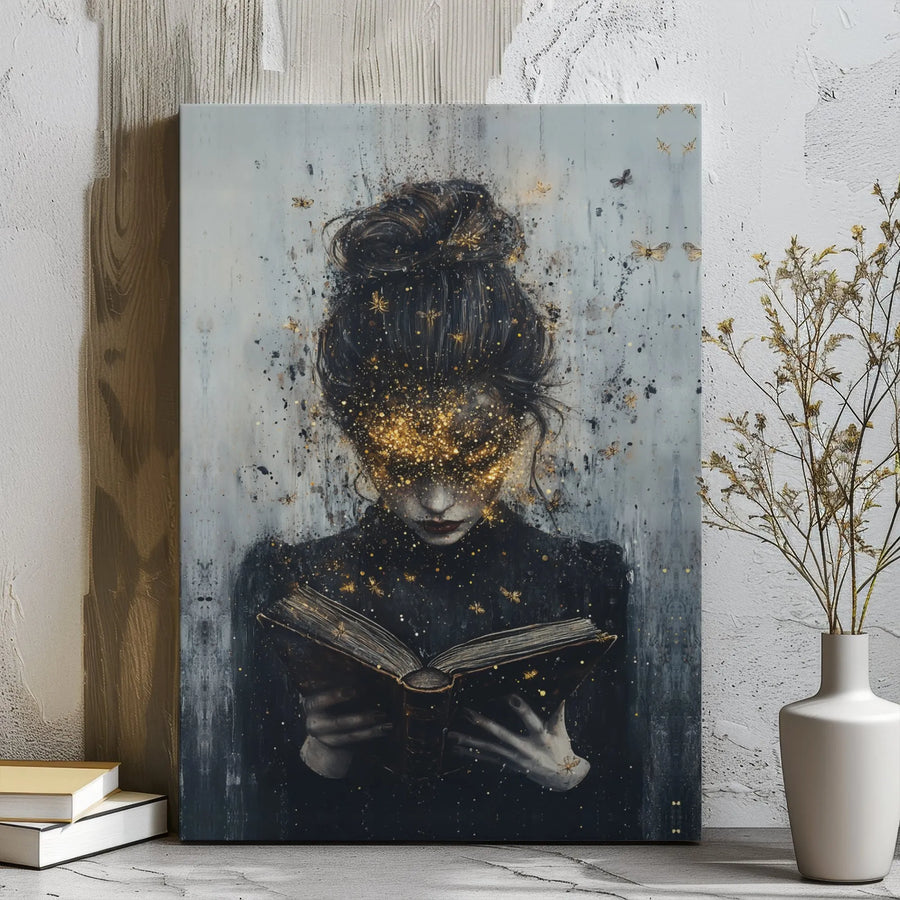 Surreal Woman Reading Canvas Art | Golden Glitter Moth Illustration | Premium Gallery Wrapped Print | Moody Gothic Bookish Wall Decor