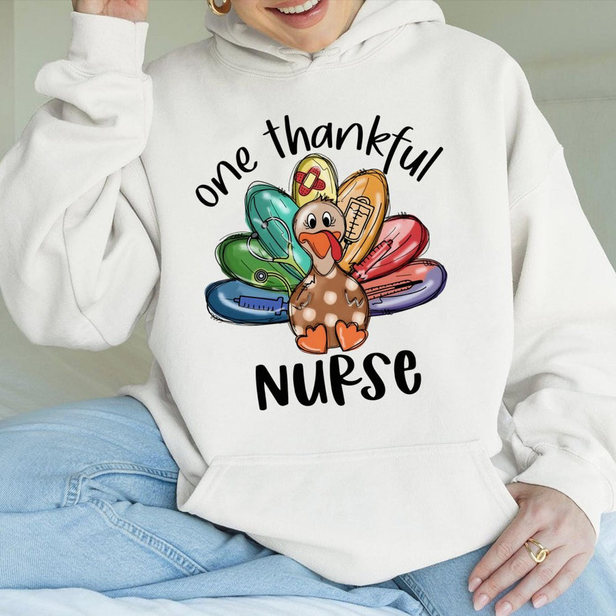 One Thankful Nurse Hoodie | Thanksgiving Medical Turkey Design | Premium Cotton Blend | Nursing Student Gift for Fall Holiday Season
