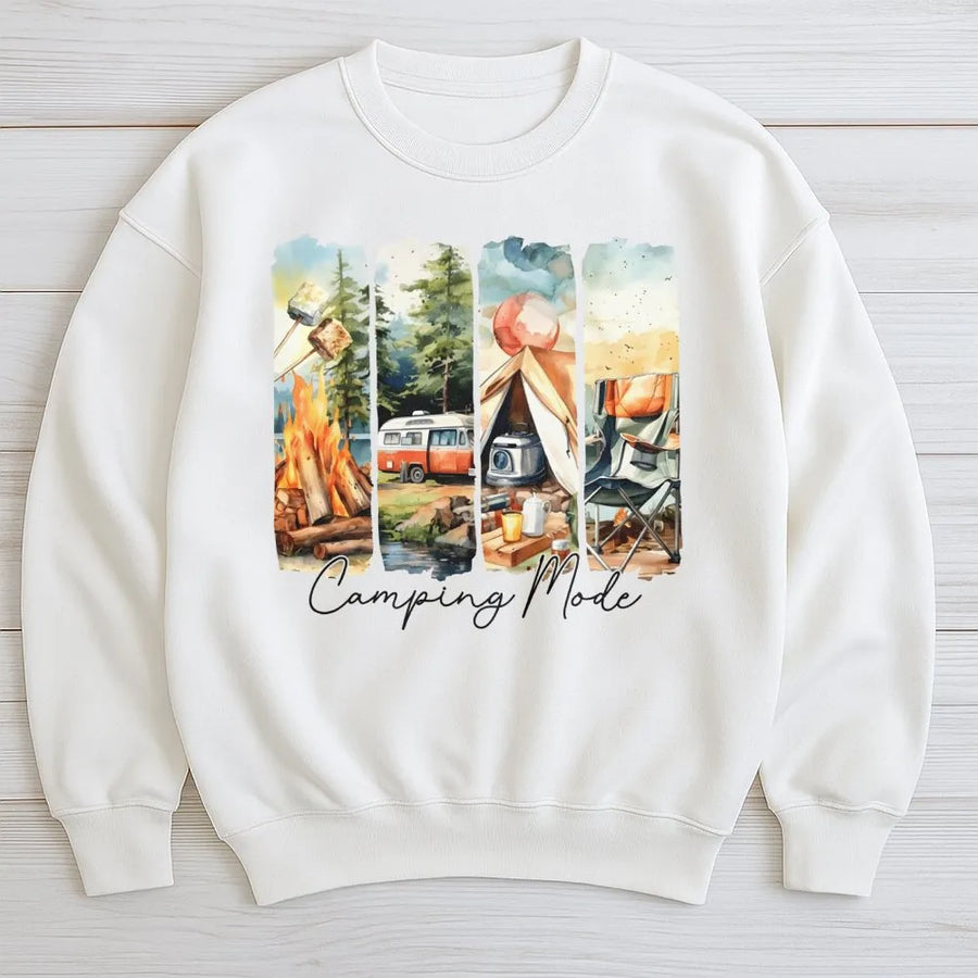Camping Mode Sweatshirt | Watercolor Nature Graphic | Soft Cotton Polyester Blend | Gift for Outdoor Adventurers and Campers