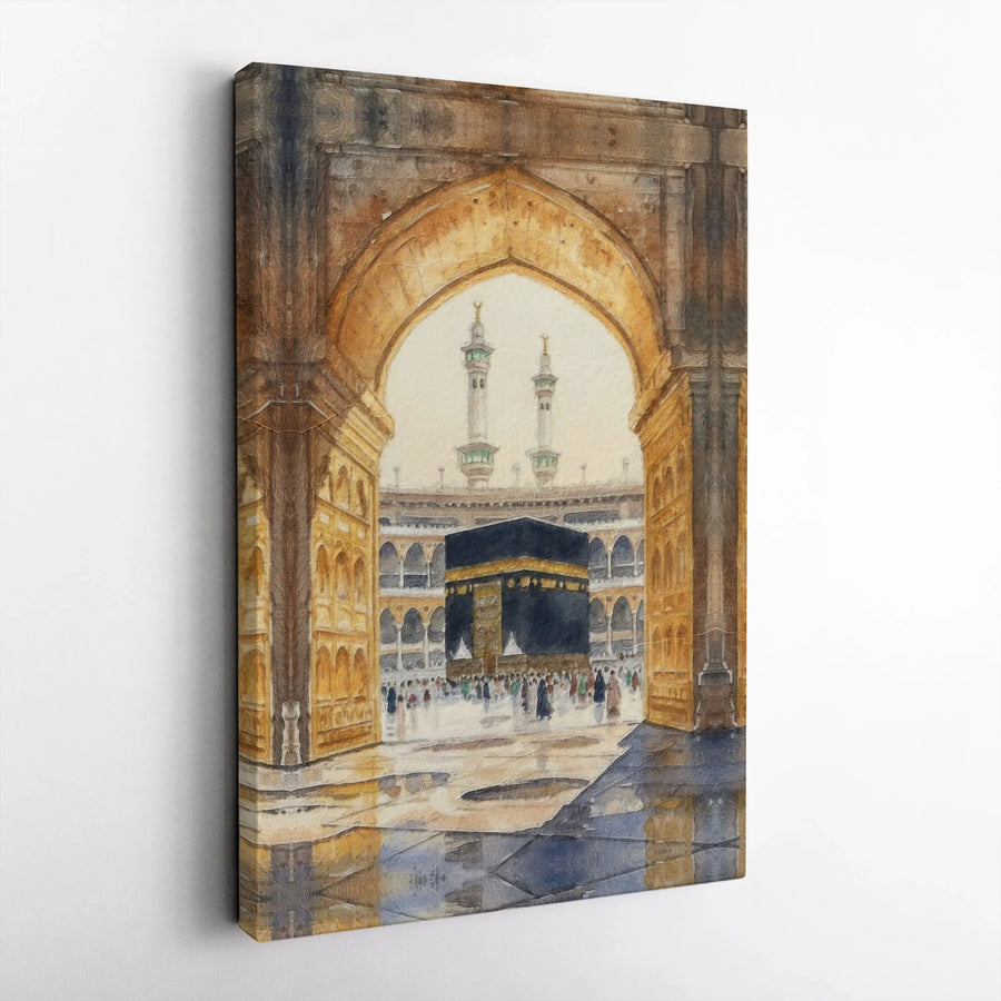 Kaaba Watercolor Wall Art | Mecca Grand Mosque Islamic Print | 1.25-Inch Gallery-Wrapped Canvas | Premium Home & Office Decor Gift