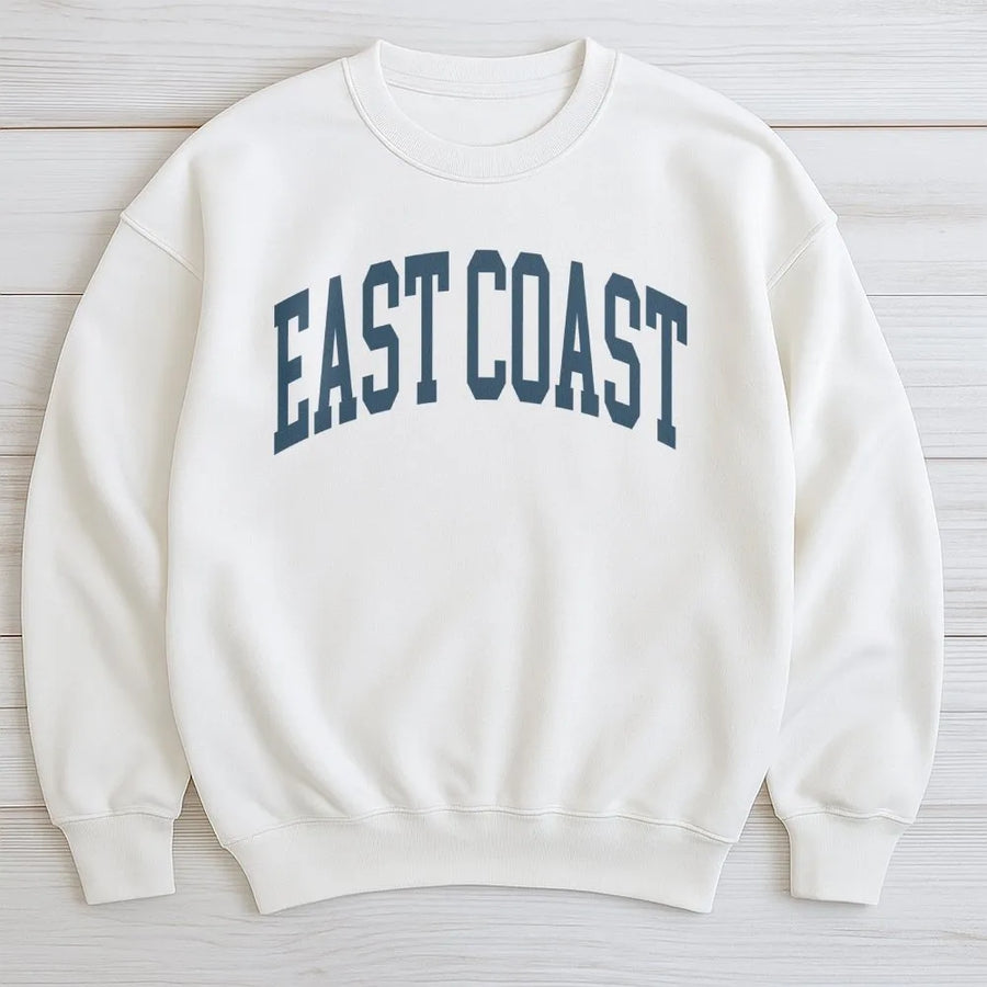 East Coast Sweatshirt | Arch Lettering Graphic Design | Cotton Poly Blend Fleece | Unisex Coastal Travel Gift for Men and Women