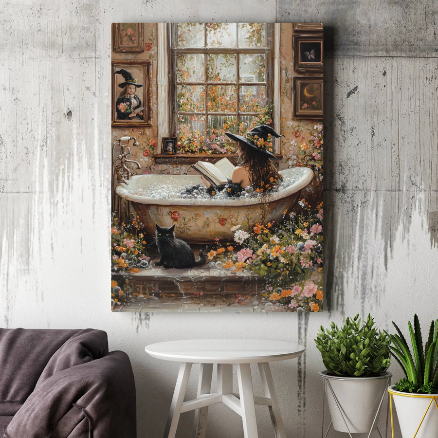 Witch Reading In Floral Bathtub Canvas | Whimsical Cottagecore Witchy Wall Art | 1.25 Inch Gallery Wrap | Spooky Aesthetic Home Decor Gift