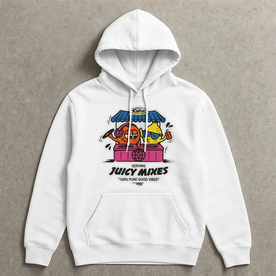 Juicy Mixes DJ Hoodie | Retro Cartoon Fruit Rave Graphic | Premium Cotton Blend | Funny Music Festival Apparel Gift for EDM Lovers