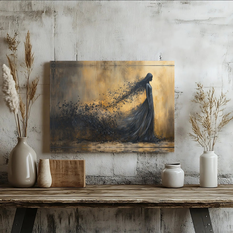 Abstract Woman In Black Dress Canvas Print | Dissolving Into Birds Wall Art | Premium Gallery Wrapped Decor | Surreal Gothic Home Gift