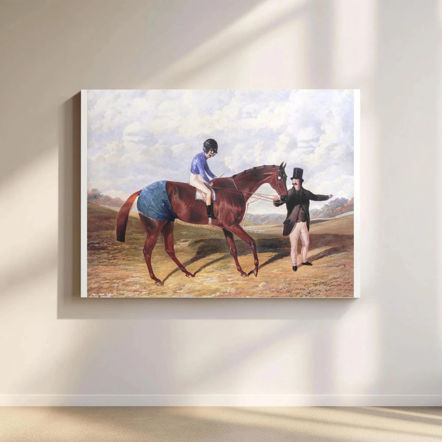 Funny Horse Wearing Denim Shorts Canvas | Whimsical Jockey Painting | Premium 1.25 Inch Gallery Wrap | Unique Equestrian Gift for Art Lovers