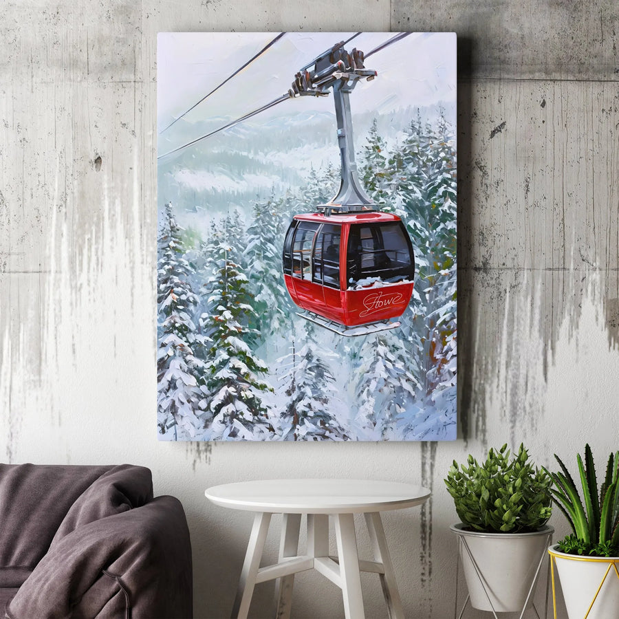 Stowe Ski Gondola Wall Art | Snowy Mountain Landscape Painting | Premium Gallery-Wrapped Canvas | Winter Sports Decor for Home or Cabin