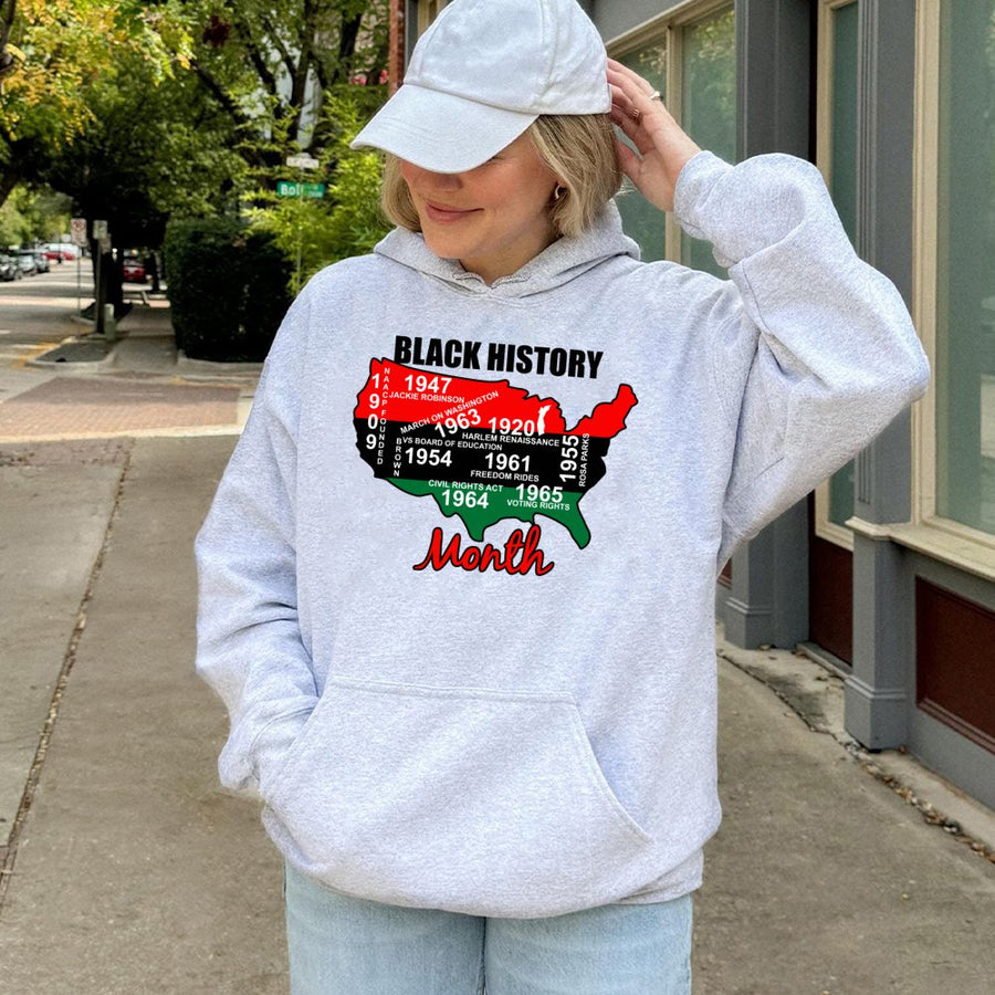 Black History Month Hoodie | USA Map Civil Rights Timeline Graphic | Premium Cotton Blend | Gift for African American Heritage Awareness