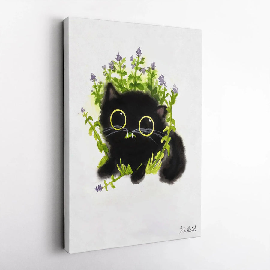 Black Cat Wall Art | Cute Kitten Watercolor Print | Premium Gallery-Wrapped Canvas | Whimsical Home Decor Gift for Cat Lovers