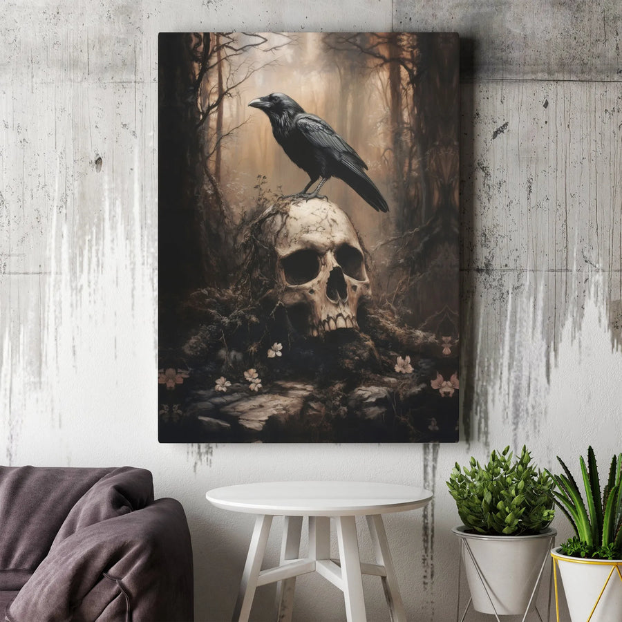 Gothic Raven On Skull Canvas Art | Dark Forest Moody Wall Decor | Premium 1.25" Gallery Wrap | Occult Aesthetic Gift for Macabre Decor Lovers
