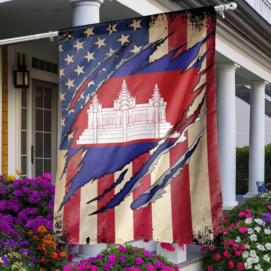 Cambodian American Flag Garden Flag | Torn Fabric Style Double-Sided Design | Premium Fade-Resistant Polyester | Heritage Home Decor Gift