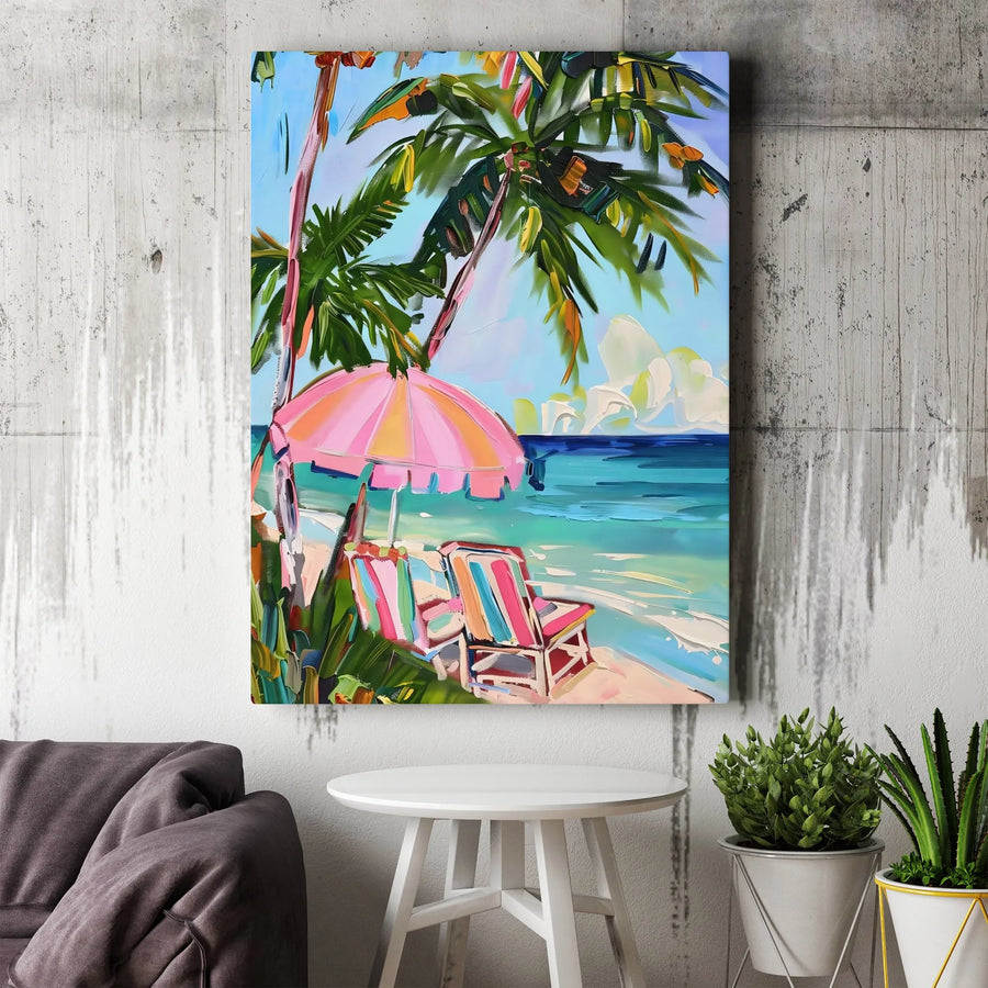 Tropical Beach Canvas Wall Art | Colorful Impasto Style Painting | Premium Canvas Print | Coastal Home Decor Gift