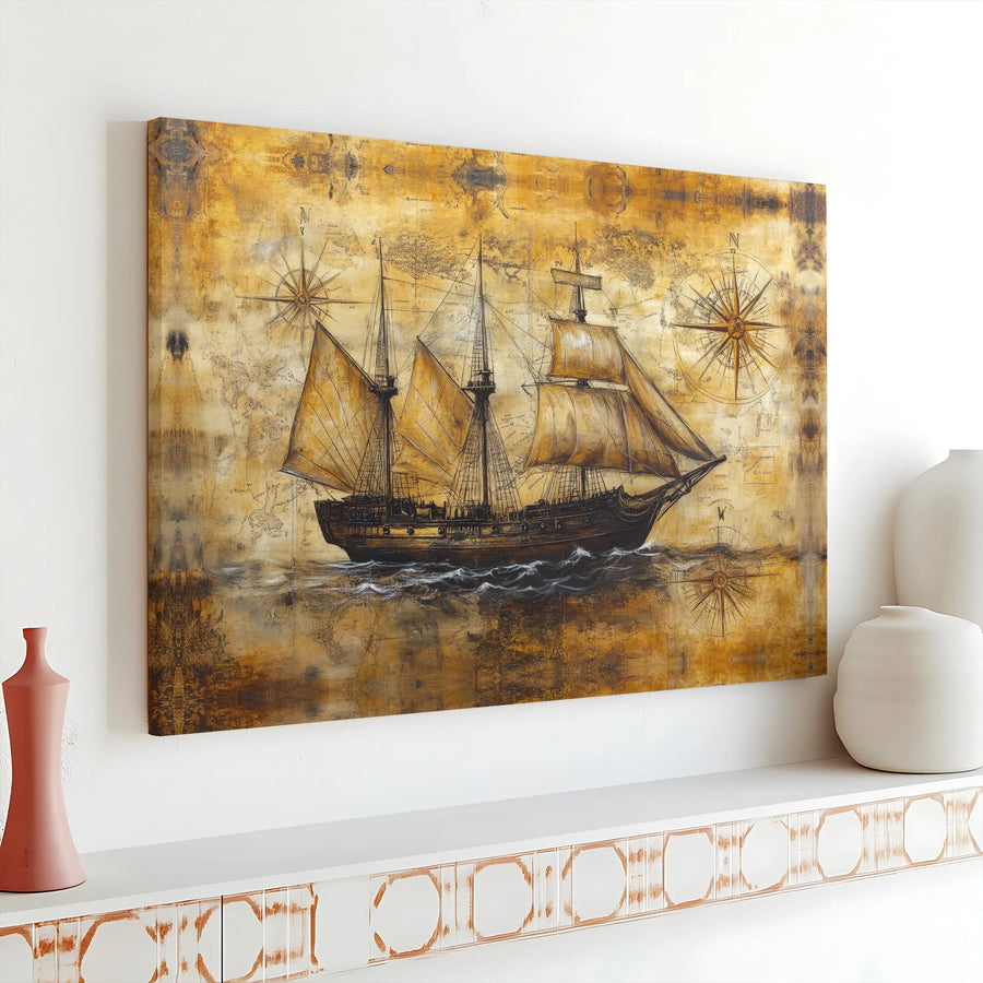 Nautical Sailing Ship Canvas Wall Art | Vintage Old World Map & Compass Design | Premium 1.25 Inch Gallery Wrap | Coastal Home Decor Gift