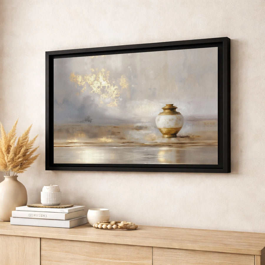 Abstract Gold Urn Canvas Wall Art | Neutral Textured Still Life Painting | Premium Gallery-Wrapped Print | Modern Home & Office Decor