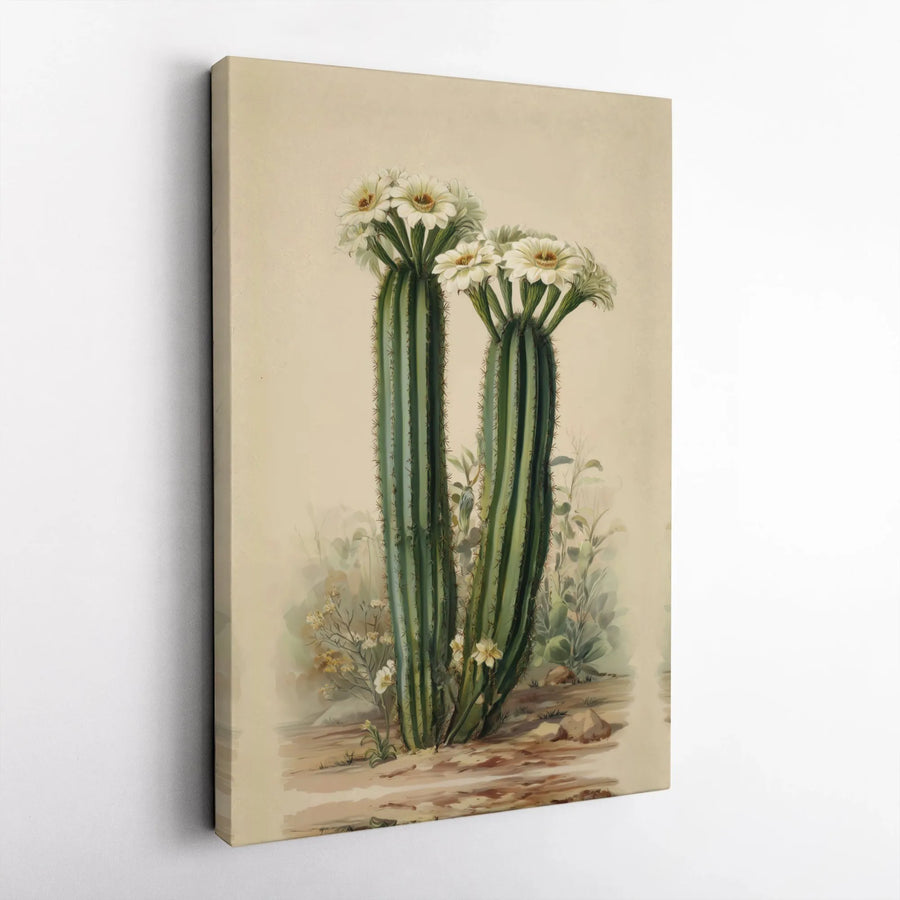 Vintage Saguaro Cactus Canvas Art | Botanical Desert Flowering Print | Premium Gallery Wrap Wall Decor | Southwest Home Office Gift for Nature Lover
