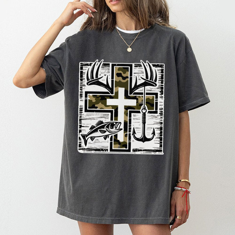 Fishing Cross T-Shirt | Camo Antlers And Bass Graphic | 100% Cotton Premium Tee | Christian Outdoorsman Gift for Men and Women