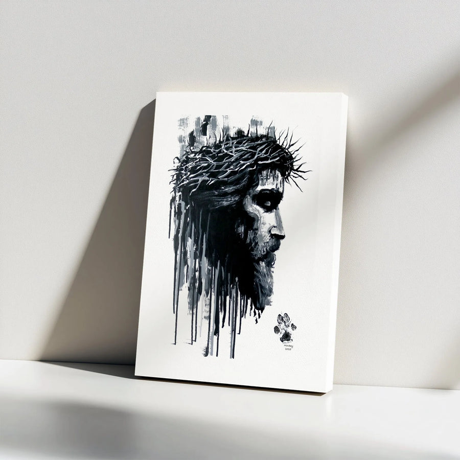 Jesus Canvas Wall Art | Abstract Crown of Thorns Portrait | Premium Thick Gallery Wrap | Modern Christian Home Decor Gift